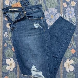 High waisted Levi’s Wedgie Skinny- distressed, button fly. 14W